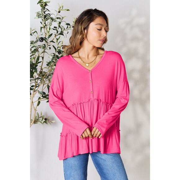 DOUBLE TAKE Pink Button Tiered Long Sleeve Casual Top Women's Size Small NEW - Picture 6 of 7